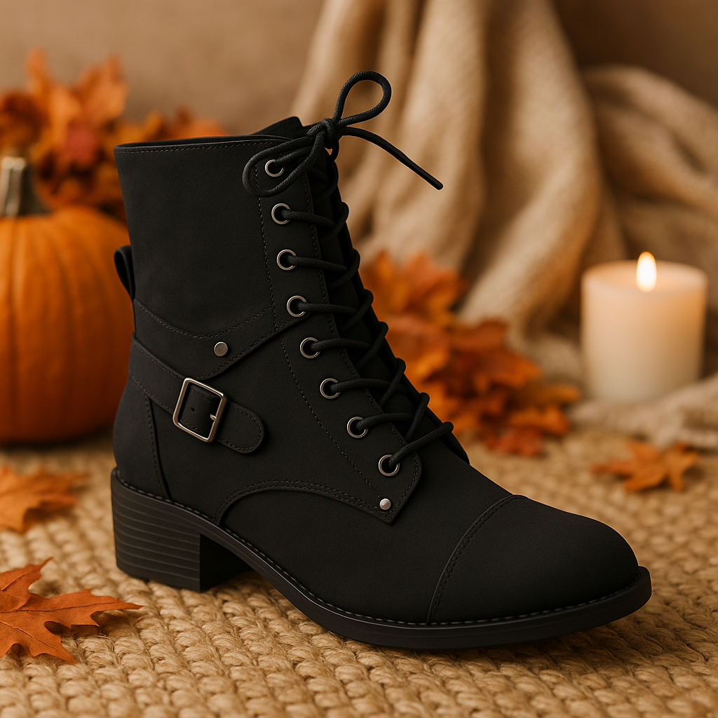 Corkys black combat boot styled with fall leaves and cozy blanket and pumpkins