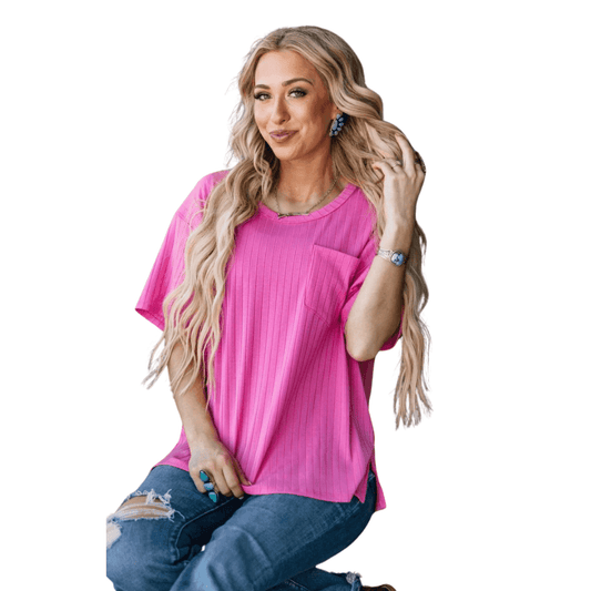 Short Sleeved Ribbed Tee Regular and Plus Size Pink - Shamelessly Glamorous