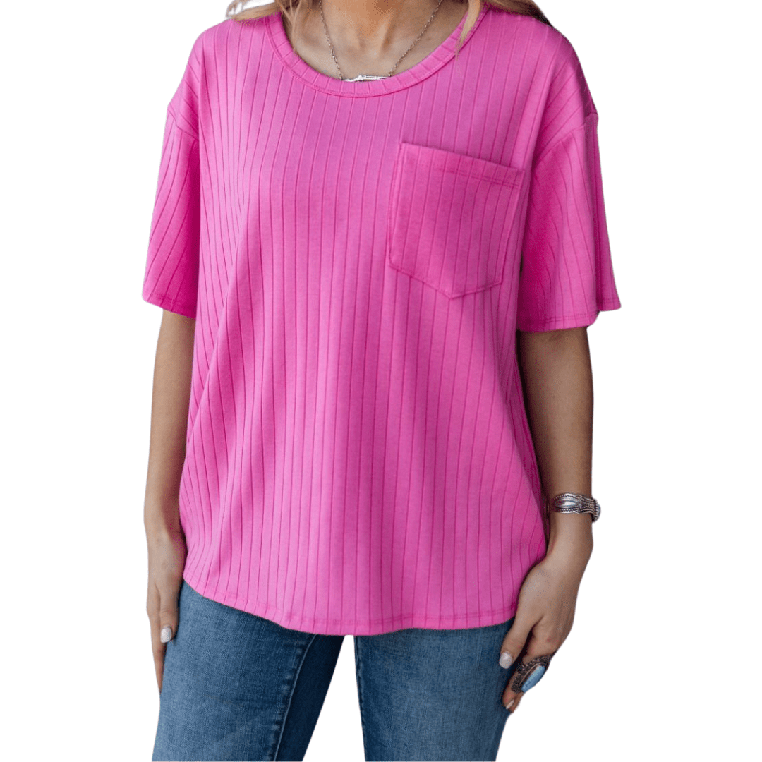 Short Sleeved Scoop Neck Ribbed Tee With Pocket - Shamelessly Glamorous