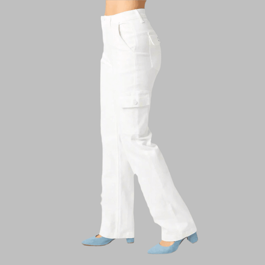 Judy Blue High Rise White Wide Leg Cargo Jeans - Shamelessly Glamorous