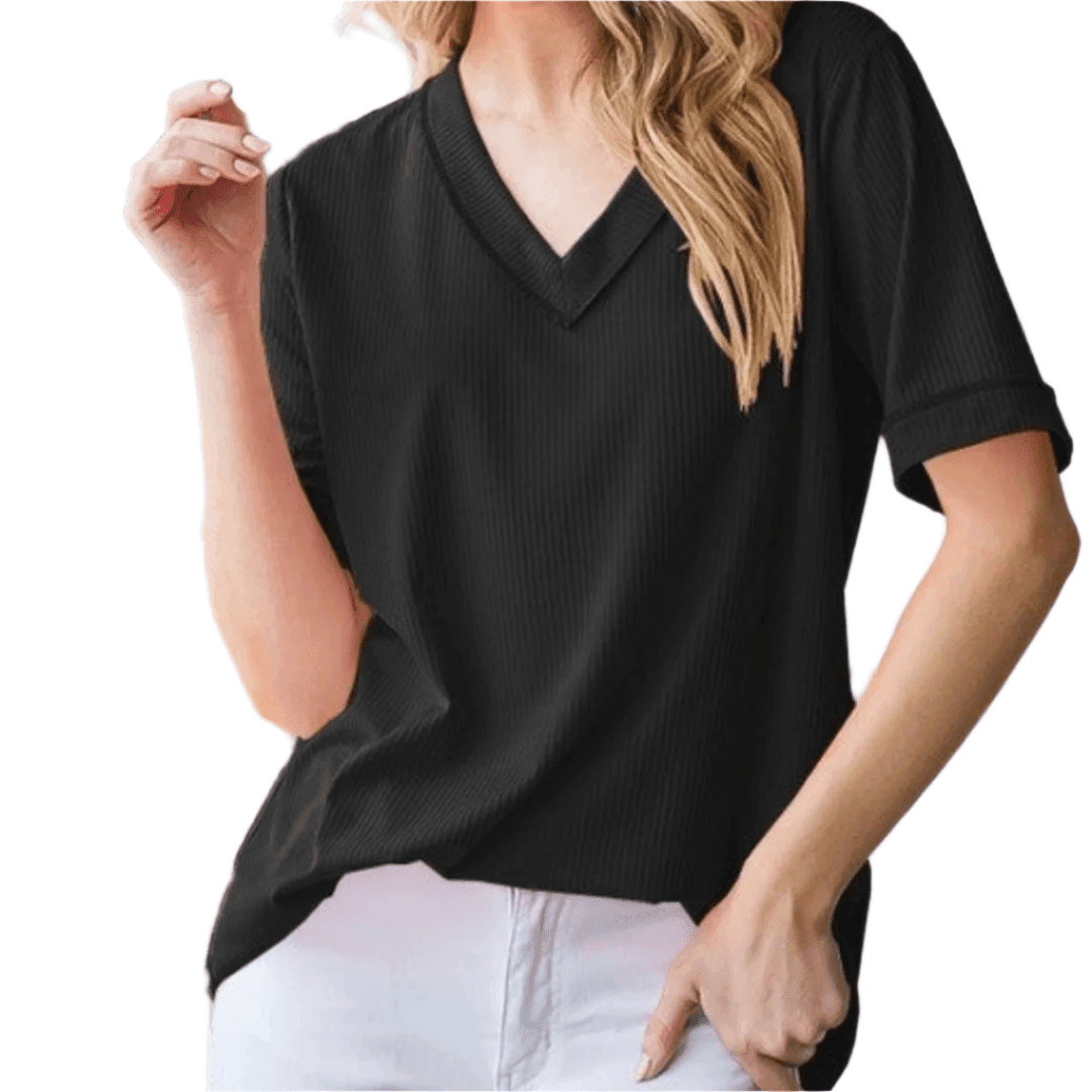 Short Sleeve V Neck Tee In Black - Shamelessly Glamorous