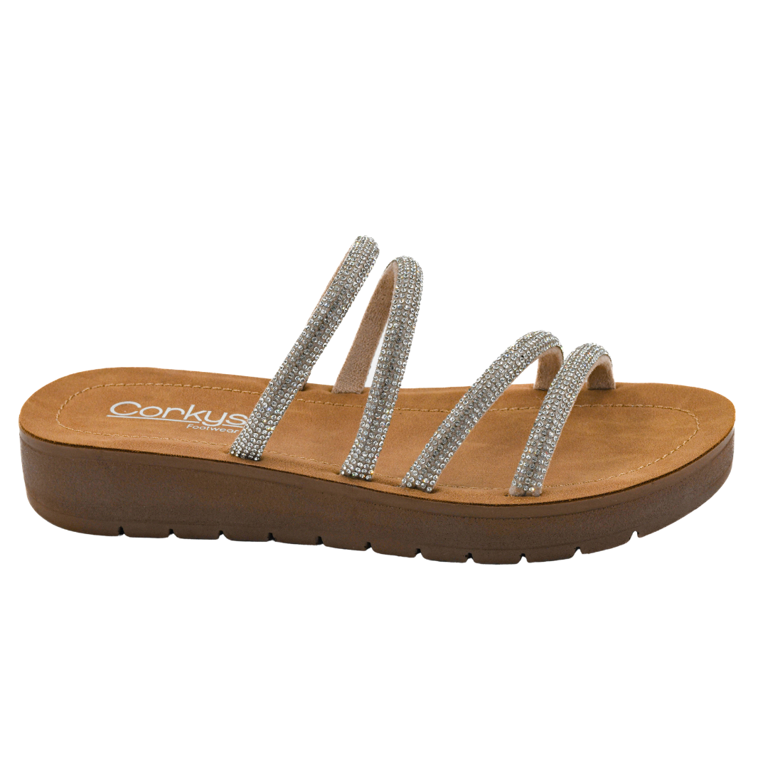 Rhinestone Slide Sandal Cushioned Platform Comfort Corkys Summer Footwear Decorative Strap Design Four Sparkling Bands Tan Footbed Brown Sole Womens Casual Style Vacation Ready Footwear Beach Walking Comfort Daily Wear Option Stylish Summer