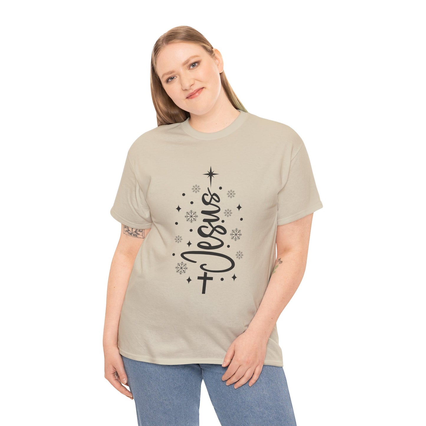 Jesus Vertical Script Tee — Faith Christmas Christian T‑Shirt with Cross & Stars