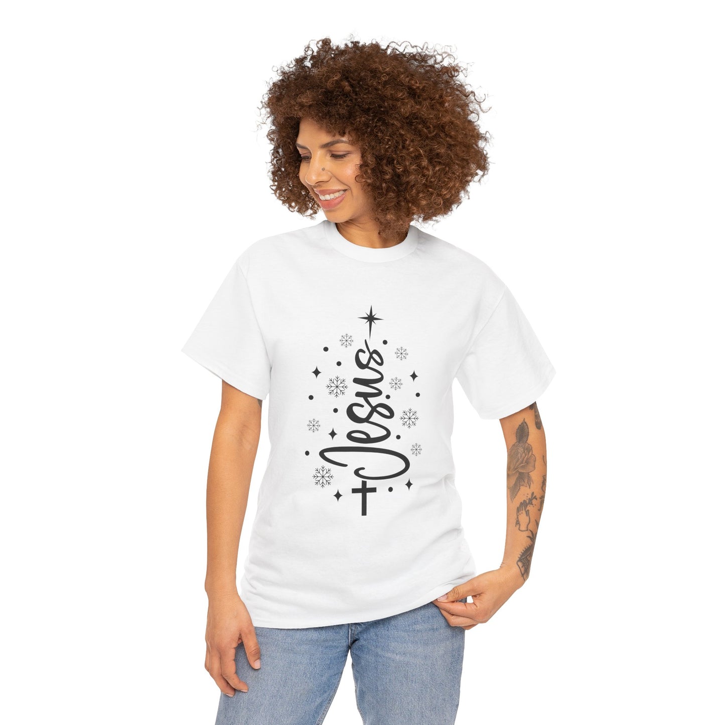 Jesus Vertical Script Tee — Faith Christmas Christian T‑Shirt with Cross & Stars
