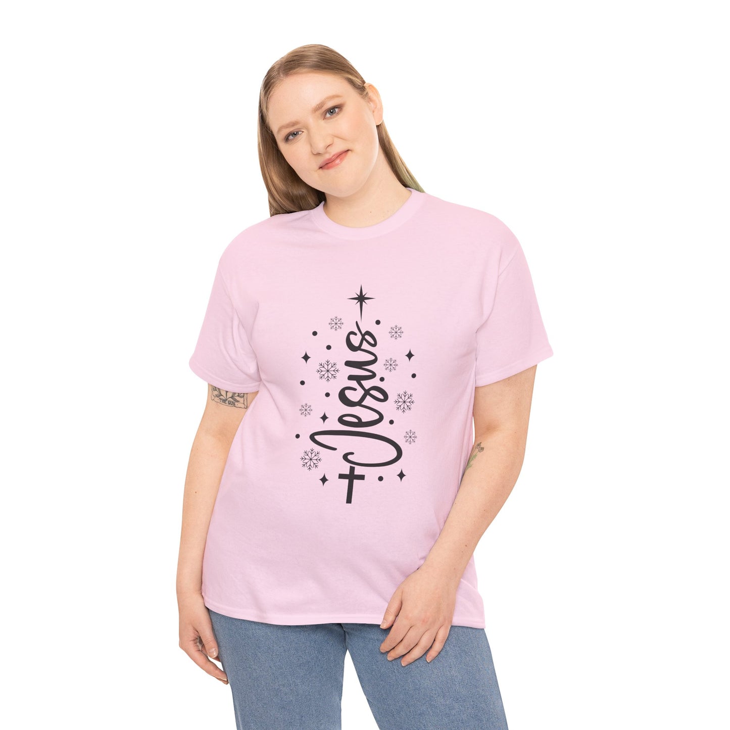 Jesus Vertical Script Tee — Faith Christmas Christian T‑Shirt with Cross & Stars
