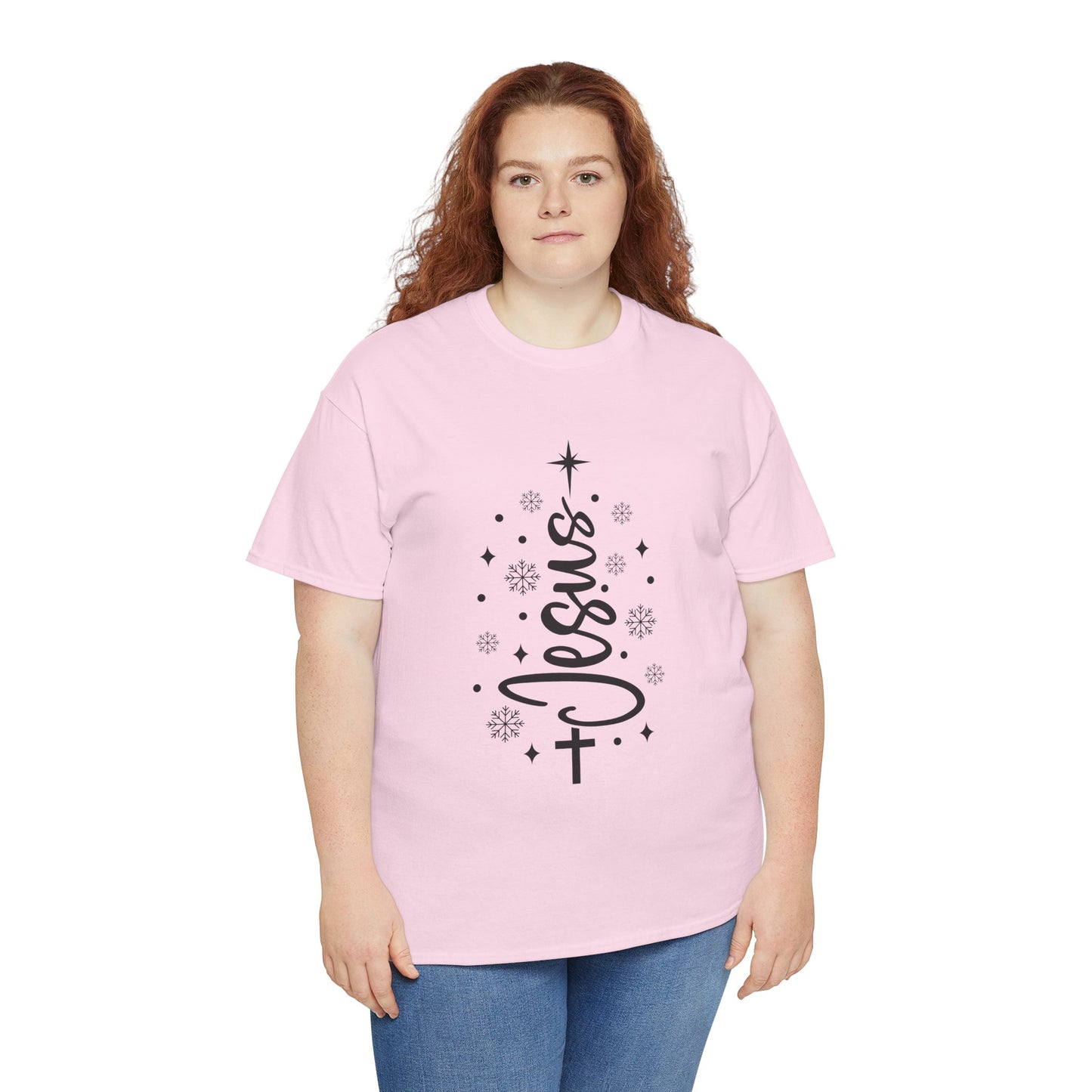 Jesus Vertical Script Tee — Faith Christmas Christian T‑Shirt with Cross & Stars