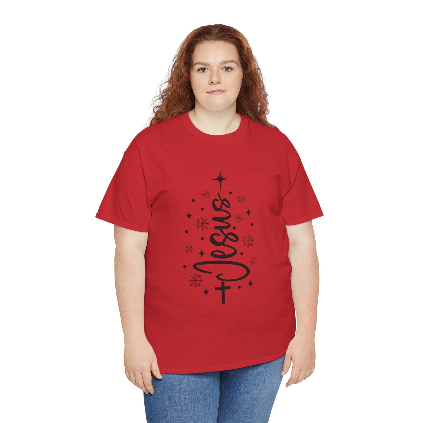 Jesus Vertical Script Tee — Faith Christmas Christian T‑Shirt with Cross & Stars