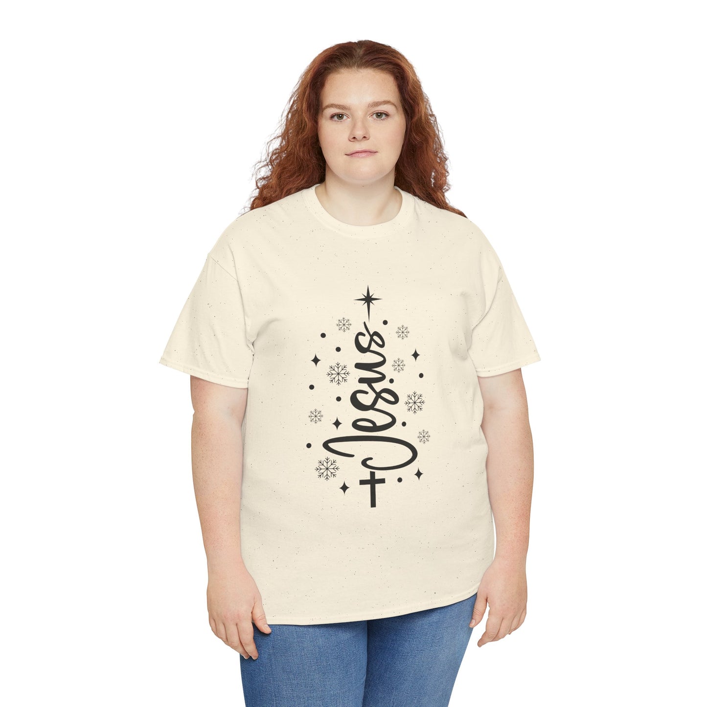 Jesus Vertical Script Tee — Faith Christmas Christian T‑Shirt with Cross & Stars
