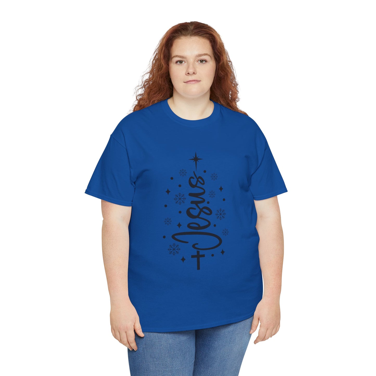 Jesus Vertical Script Tee — Faith Christmas Christian T‑Shirt with Cross & Stars