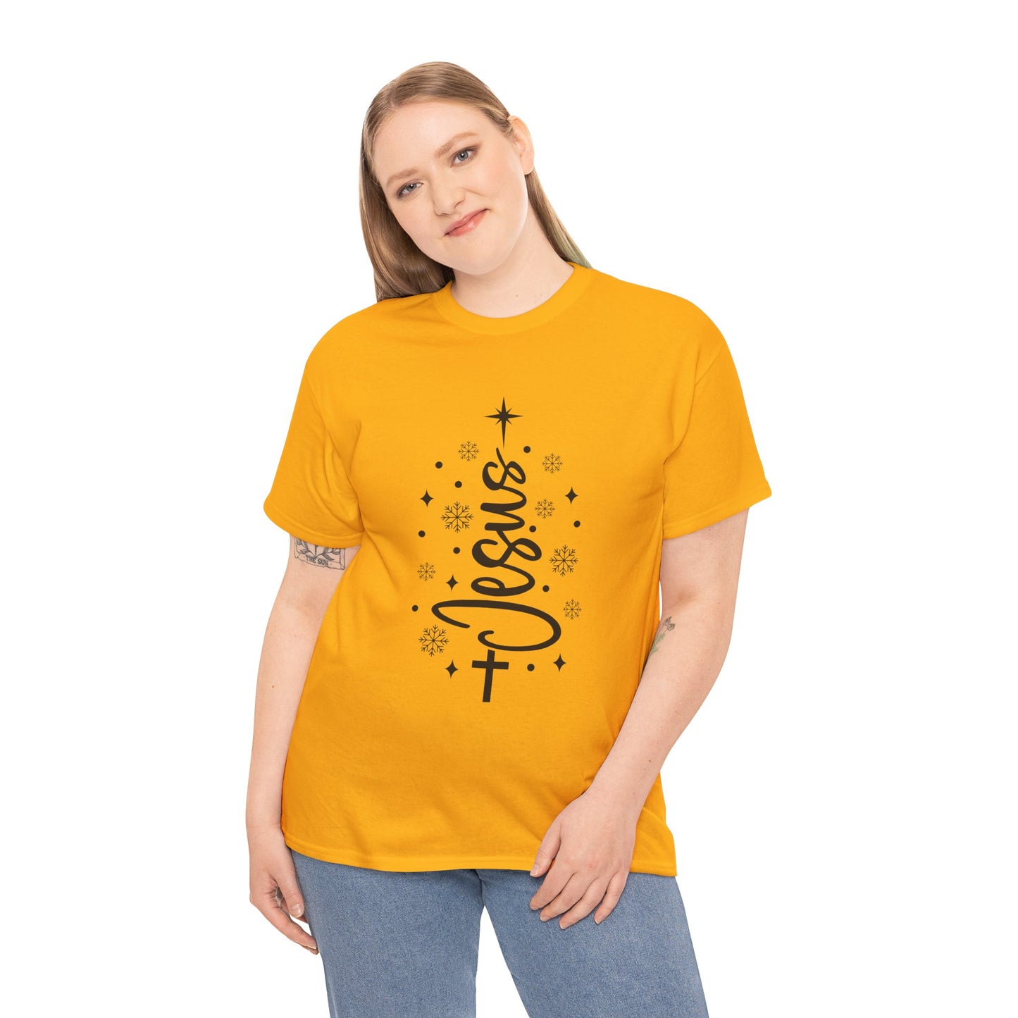 Jesus Vertical Script Tee — Faith Christmas Christian T‑Shirt with Cross & Stars