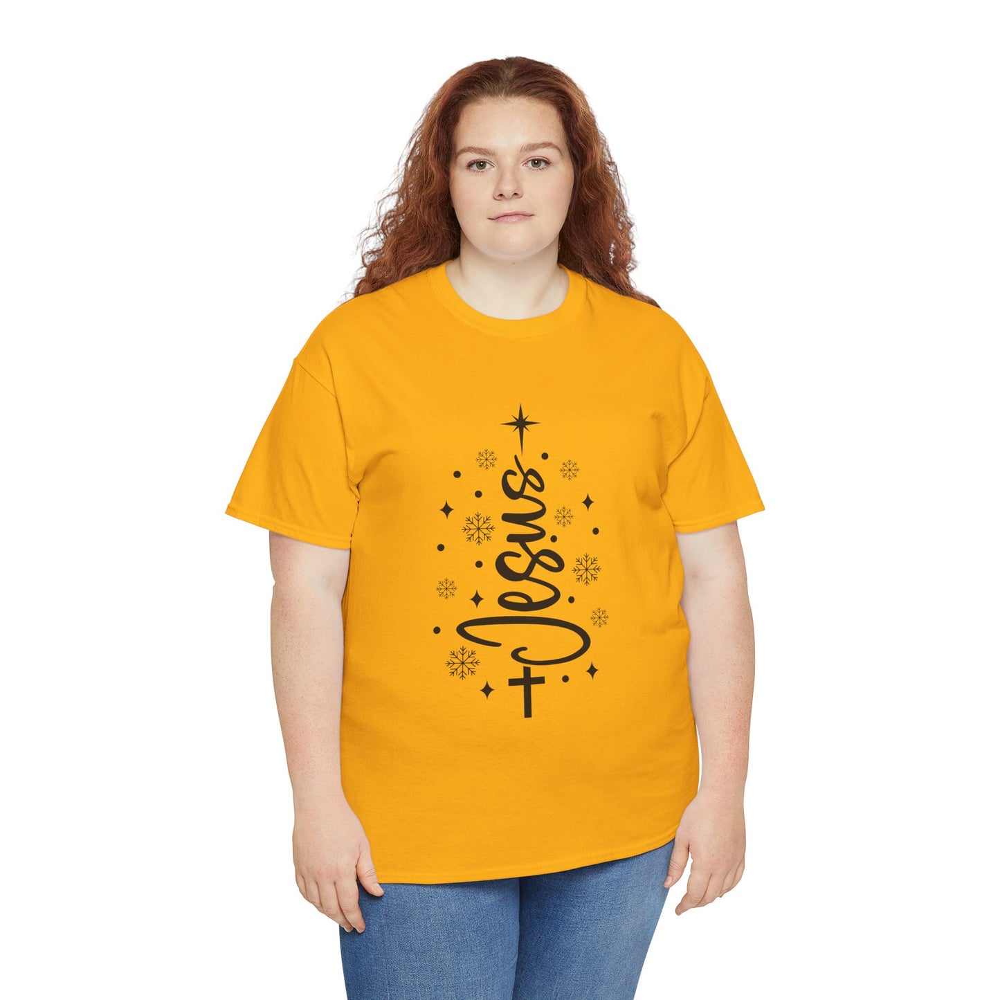 Jesus Vertical Script Tee — Faith Christmas Christian T‑Shirt with Cross & Stars