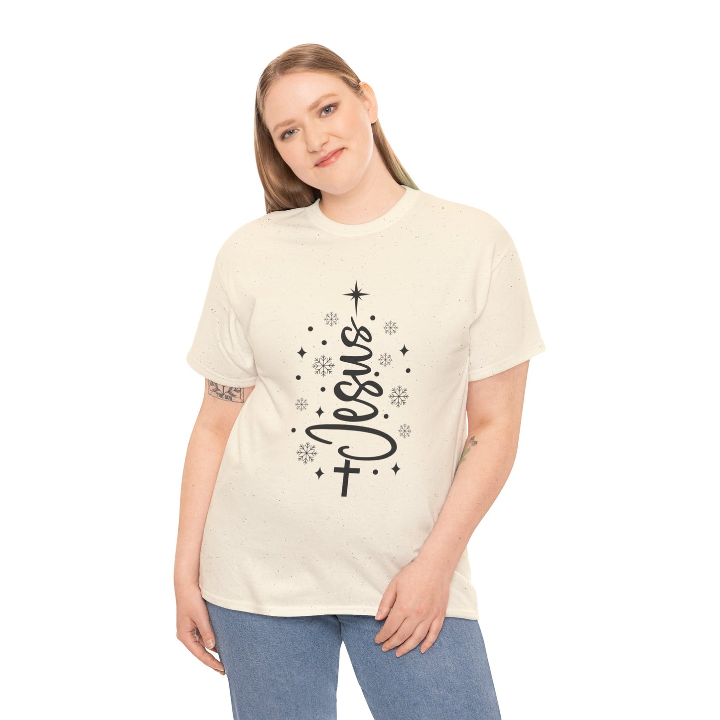 Jesus Vertical Script Tee — Faith Christmas Christian T‑Shirt with Cross & Stars
