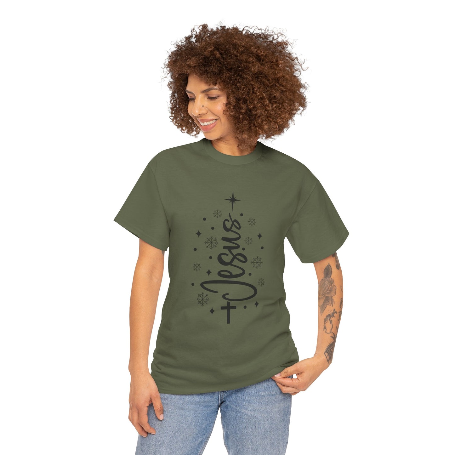Jesus Vertical Script Tee — Faith Christmas Christian T‑Shirt with Cross & Stars