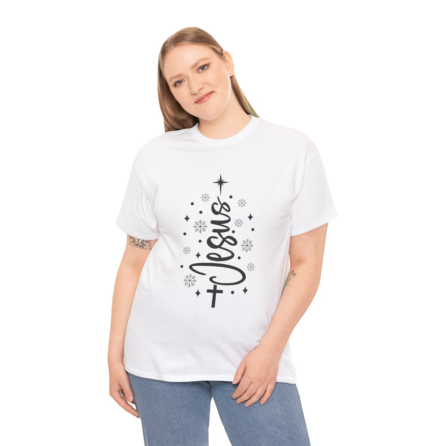 Jesus Vertical Script Tee — Faith Christmas Christian T‑Shirt with Cross & Stars