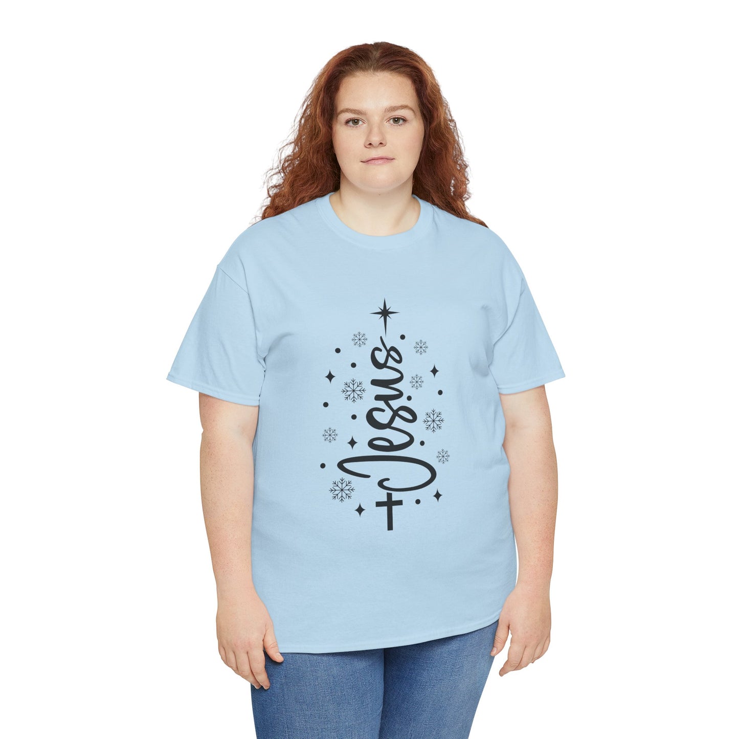 Jesus Vertical Script Tee — Faith Christmas Christian T‑Shirt with Cross & Stars