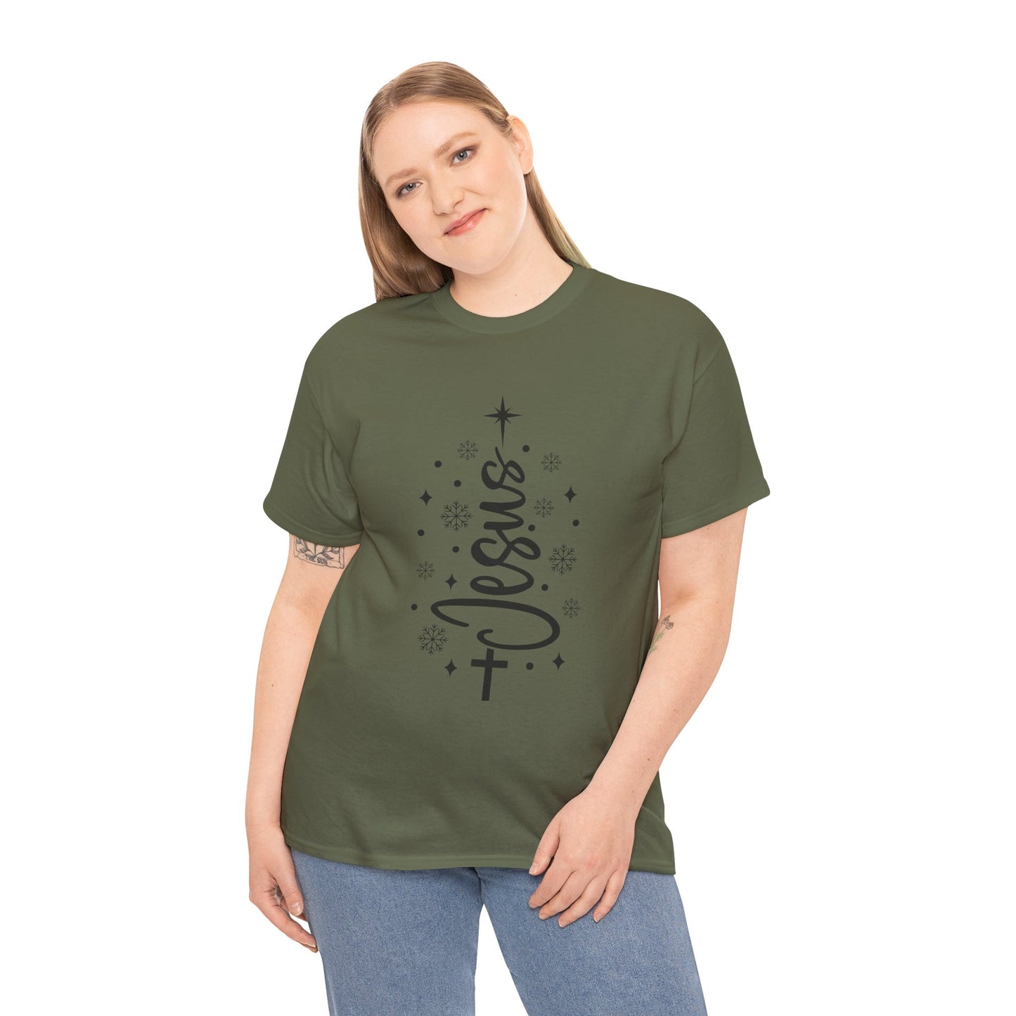 Jesus Vertical Script Tee — Faith Christmas Christian T‑Shirt with Cross & Stars