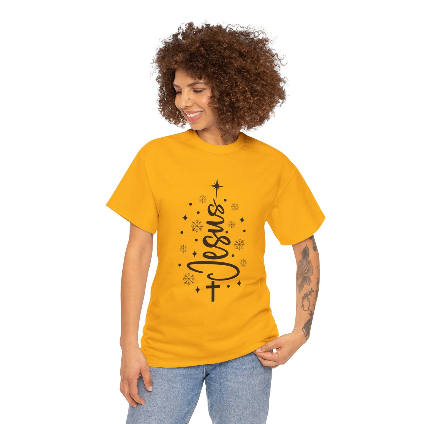 Jesus Vertical Script Tee — Faith Christmas Christian T‑Shirt with Cross & Stars