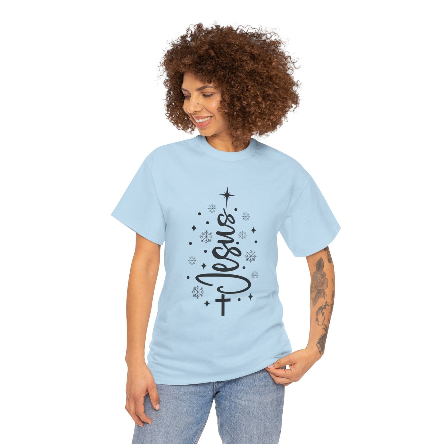 Jesus Vertical Script Tee — Faith Christmas Christian T‑Shirt with Cross & Stars