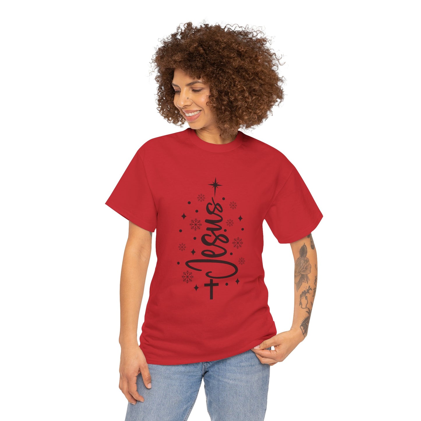 Jesus Vertical Script Tee — Faith Christmas Christian T‑Shirt with Cross & Stars