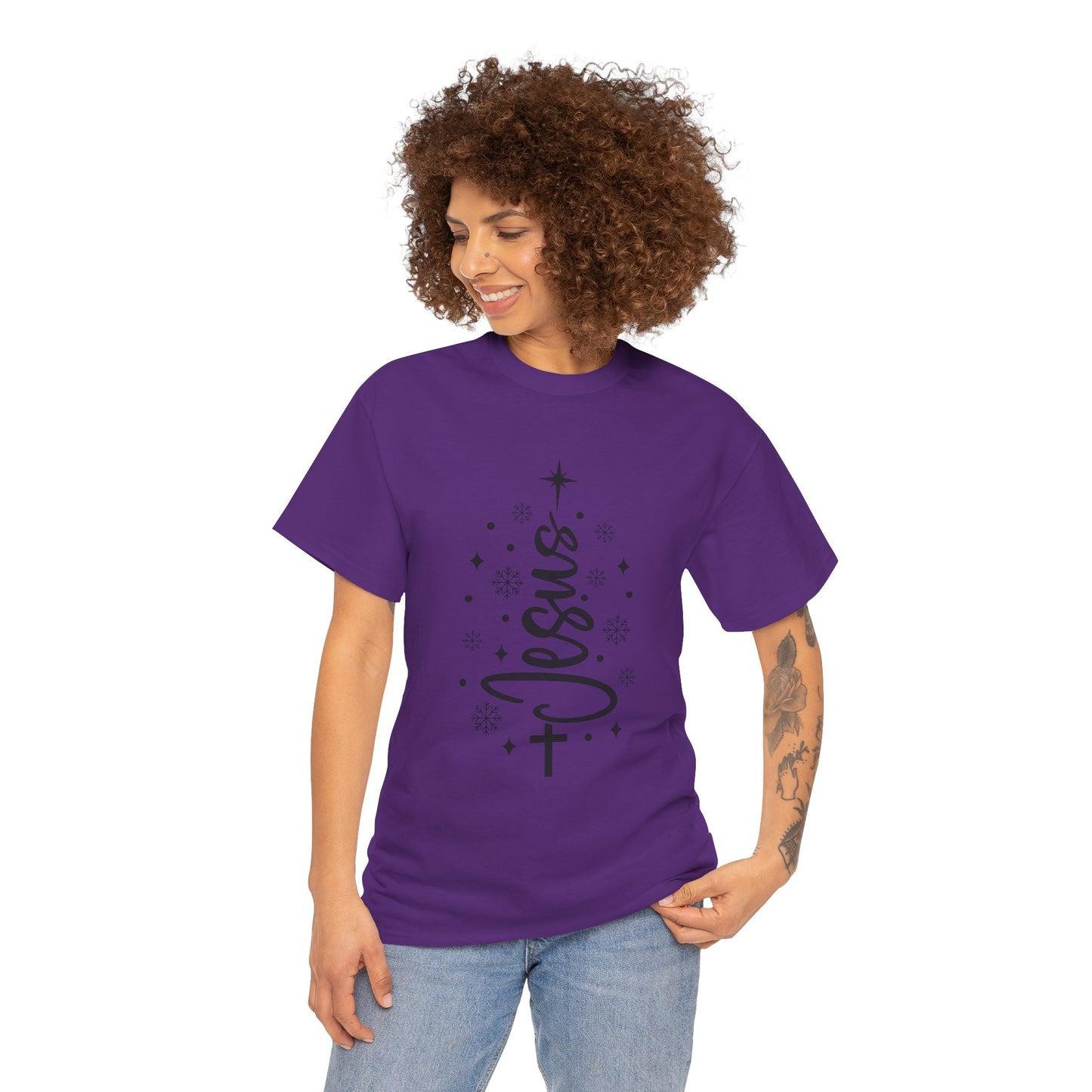 Jesus Vertical Script Tee — Faith Christmas Christian T‑Shirt with Cross & Stars