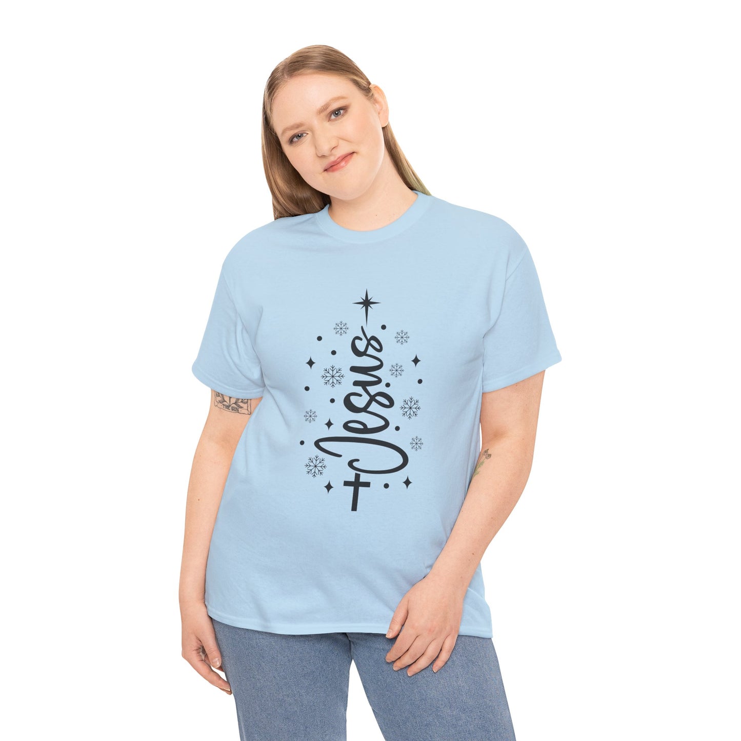Jesus Vertical Script Tee — Faith Christmas Christian T‑Shirt with Cross & Stars