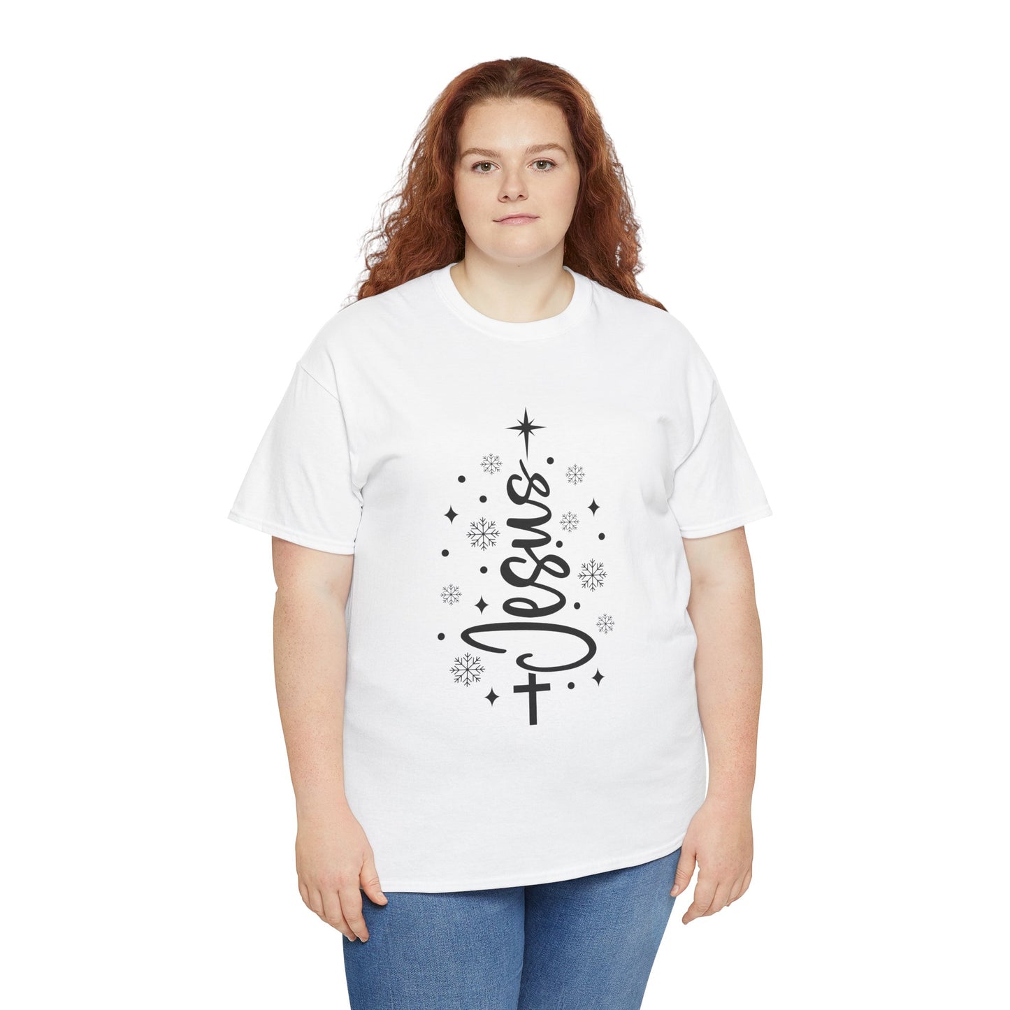 Jesus Vertical Script Tee — Faith Christmas Christian T‑Shirt with Cross & Stars