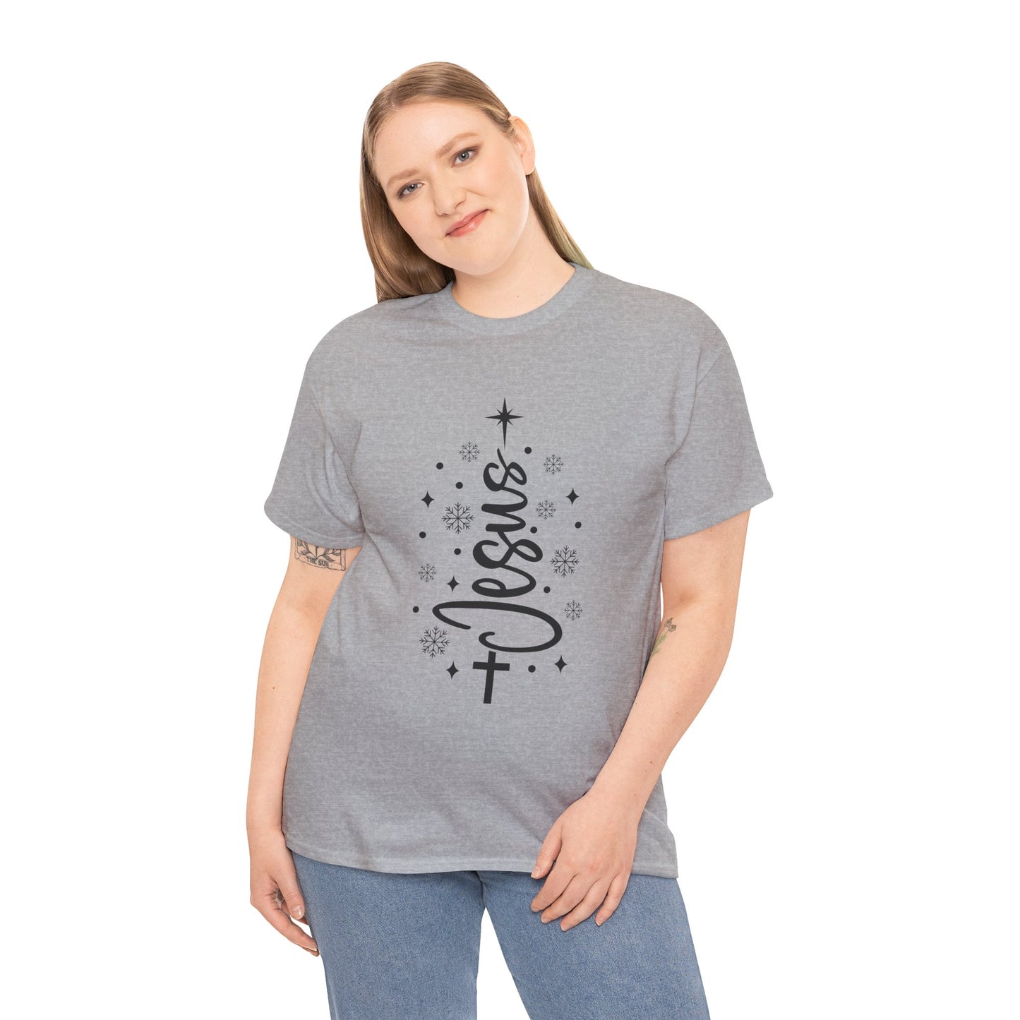 Jesus Vertical Script Tee — Faith Christmas Christian T‑Shirt with Cross & Stars