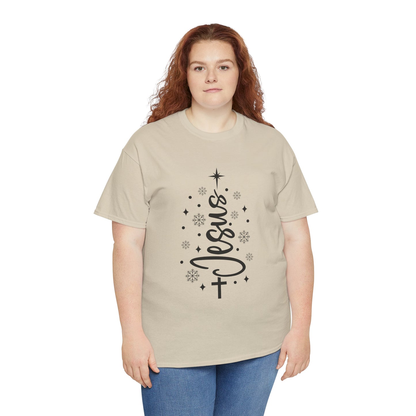 Jesus Vertical Script Tee — Faith Christmas Christian T‑Shirt with Cross & Stars