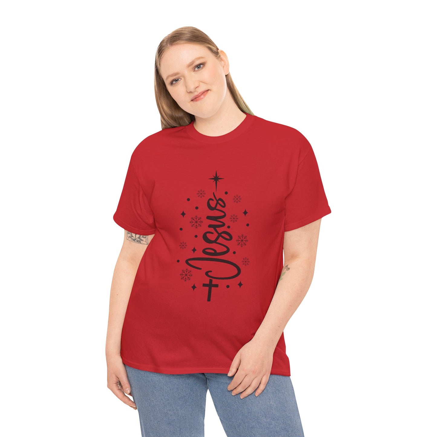 Jesus Vertical Script Tee — Faith Christmas Christian T‑Shirt with Cross & Stars