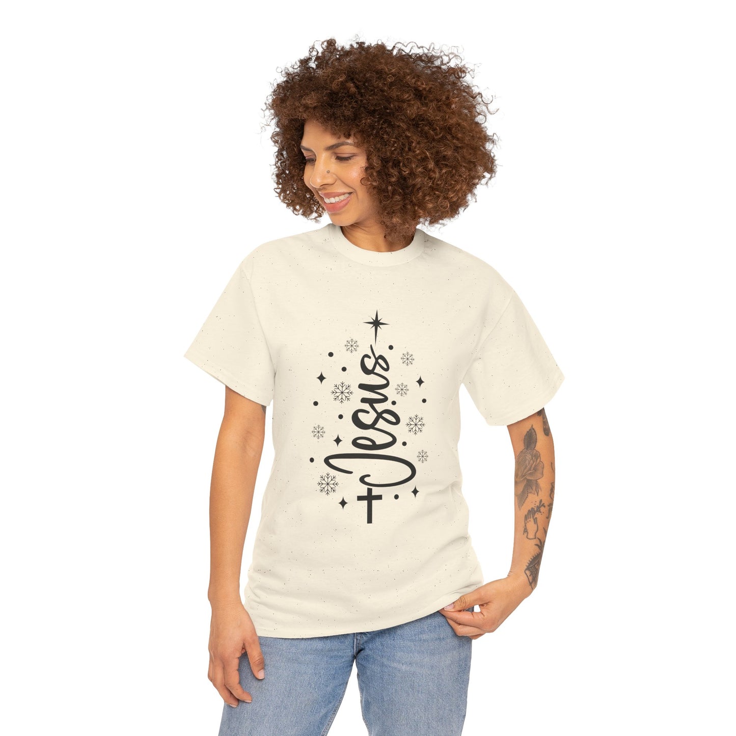 Jesus Vertical Script Tee — Faith Christmas Christian T‑Shirt with Cross & Stars