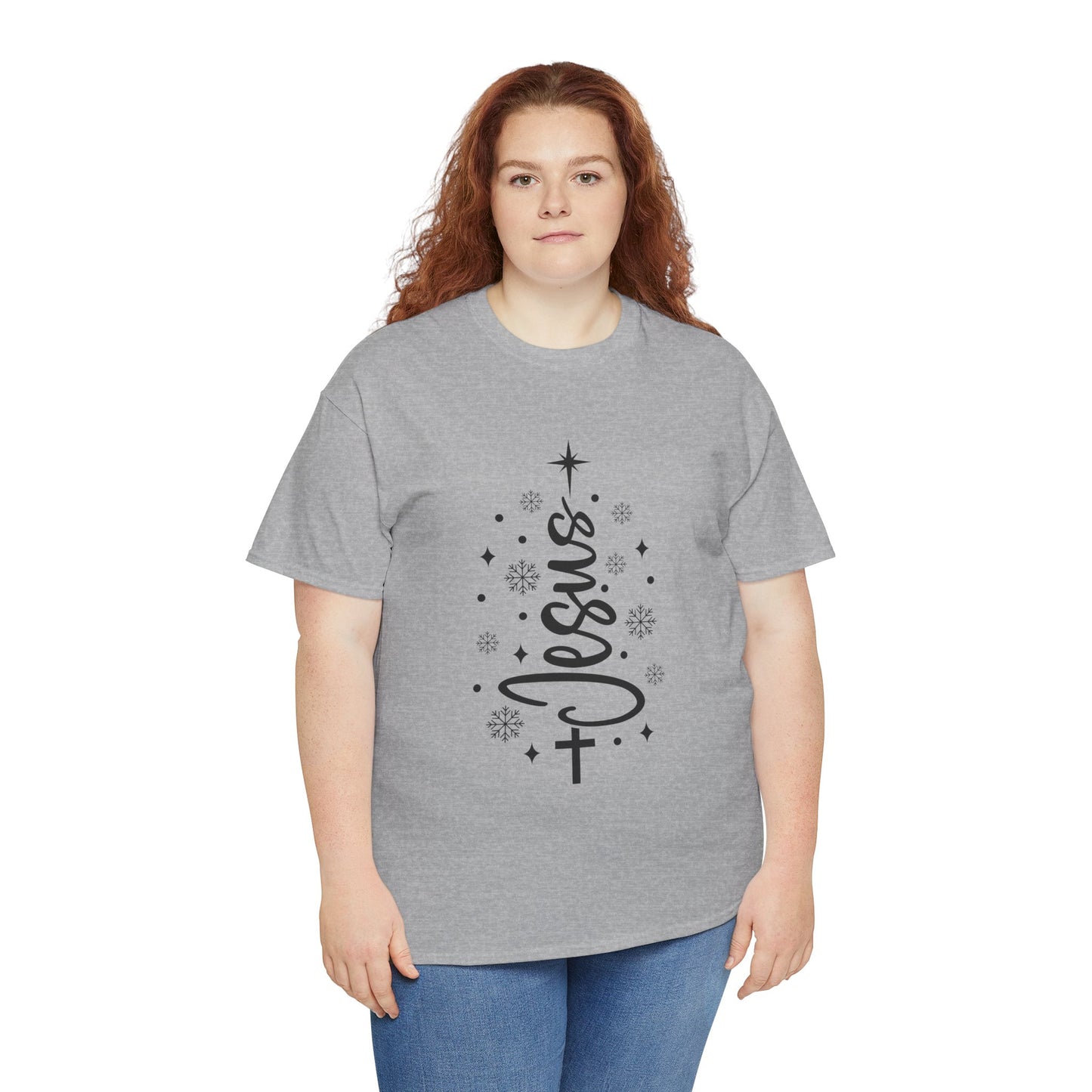 Jesus Vertical Script Tee — Faith Christmas Christian T‑Shirt with Cross & Stars