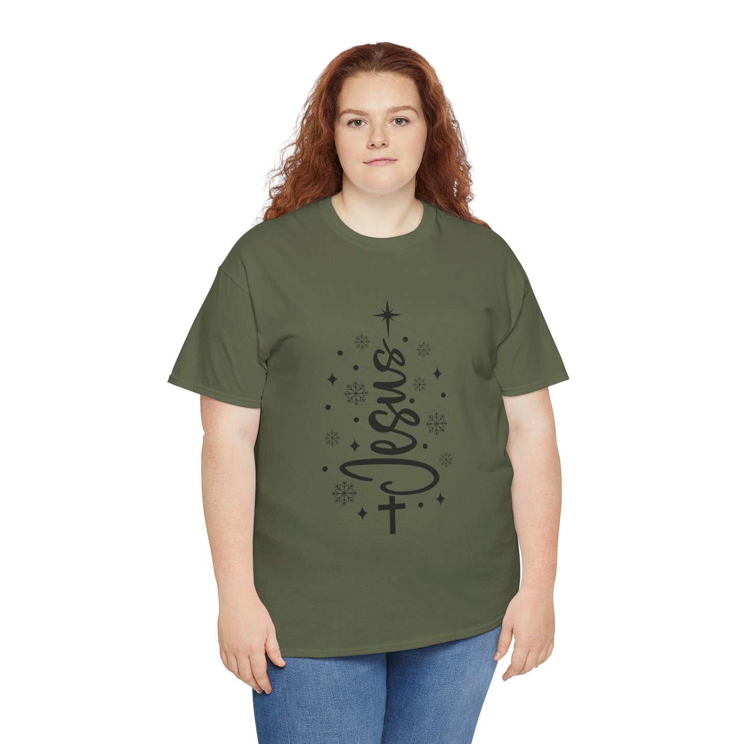 Jesus Vertical Script Tee — Faith Christmas Christian T‑Shirt with Cross & Stars