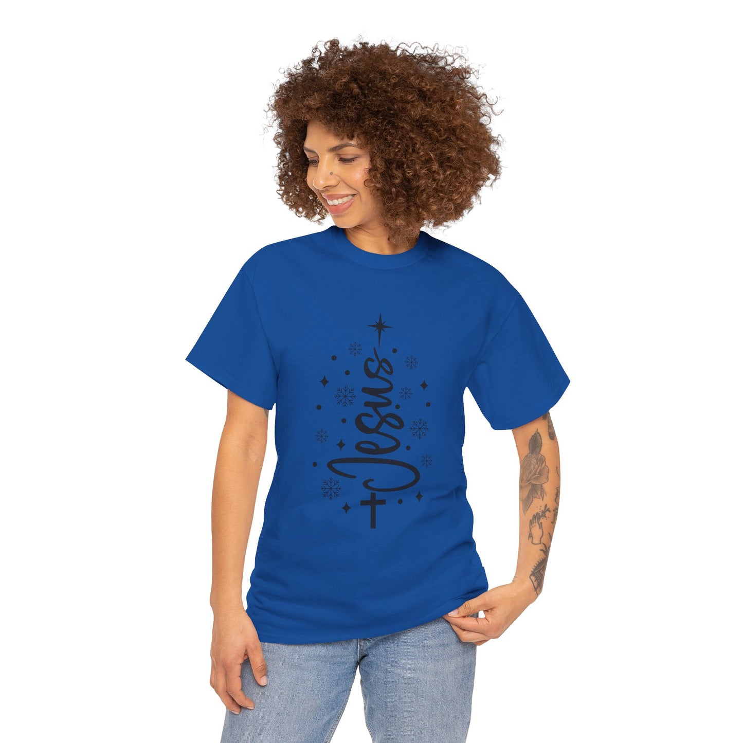 Jesus Vertical Script Tee — Faith Christmas Christian T‑Shirt with Cross & Stars