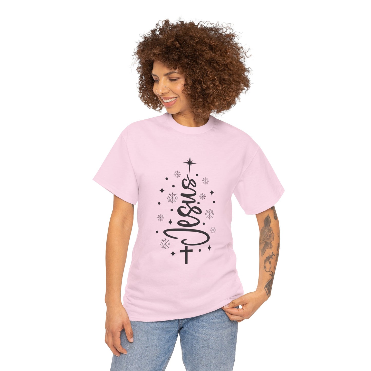 Jesus Vertical Script Tee — Faith Christmas Christian T‑Shirt with Cross & Stars