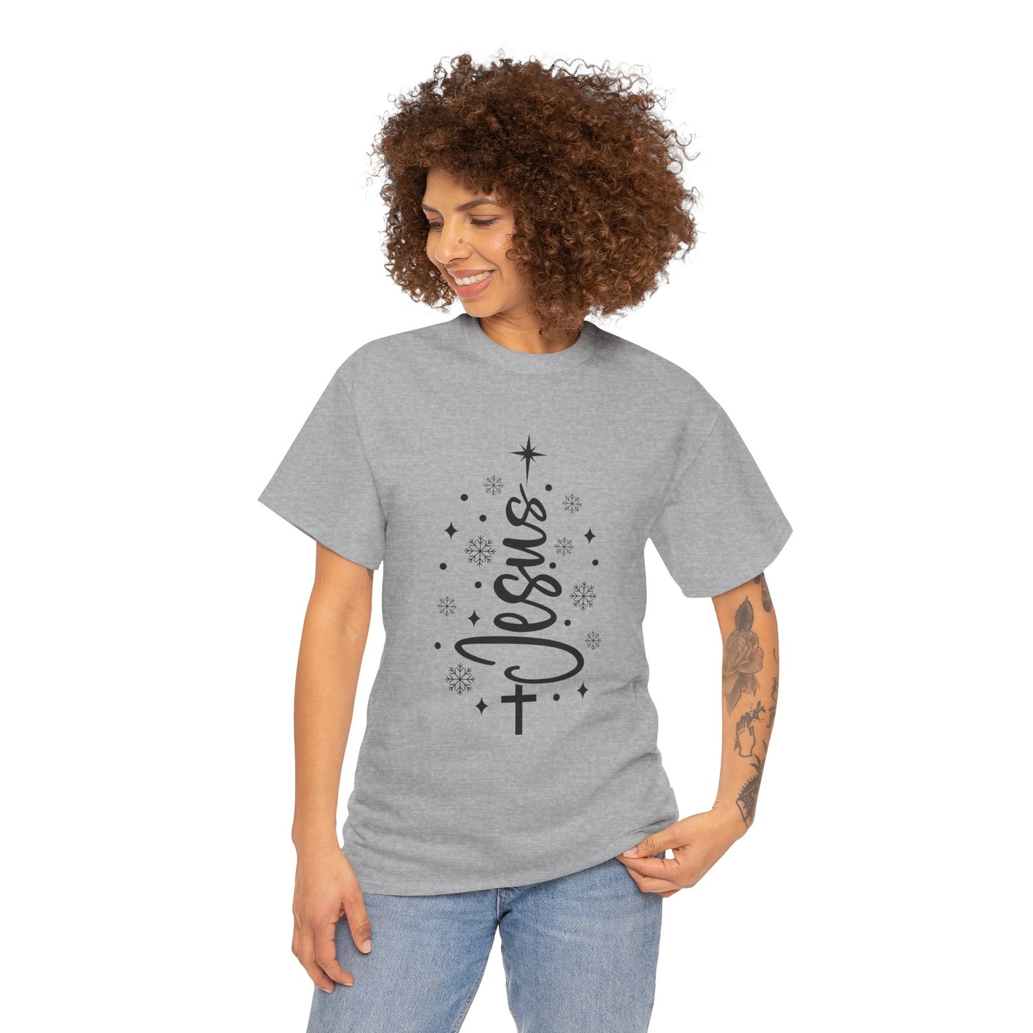 Jesus Vertical Script Tee — Faith Christmas Christian T‑Shirt with Cross & Stars