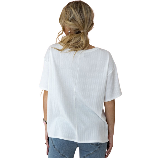 Short Sleeved Scoop Neck Ribbed Tee With Pocket
