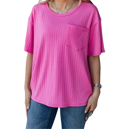 Short Sleeved Scoop Neck Ribbed Tee With Pocket