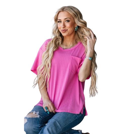 Short Sleeved Scoop Neck Ribbed Tee With Pocket