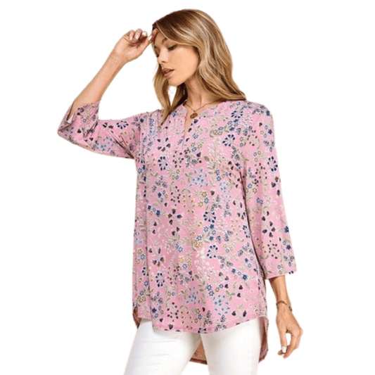 Floral 3/4 Sleeve High - Low Loose Fit Top - Shamelessly Glamorous